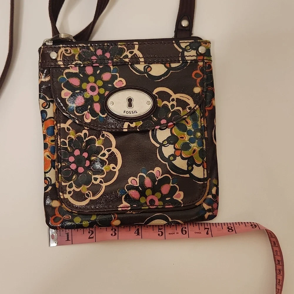 Fossil Women's Key-Per Boho Hippie Dark Brown Floral Canvas Strap Crossbody Bag
